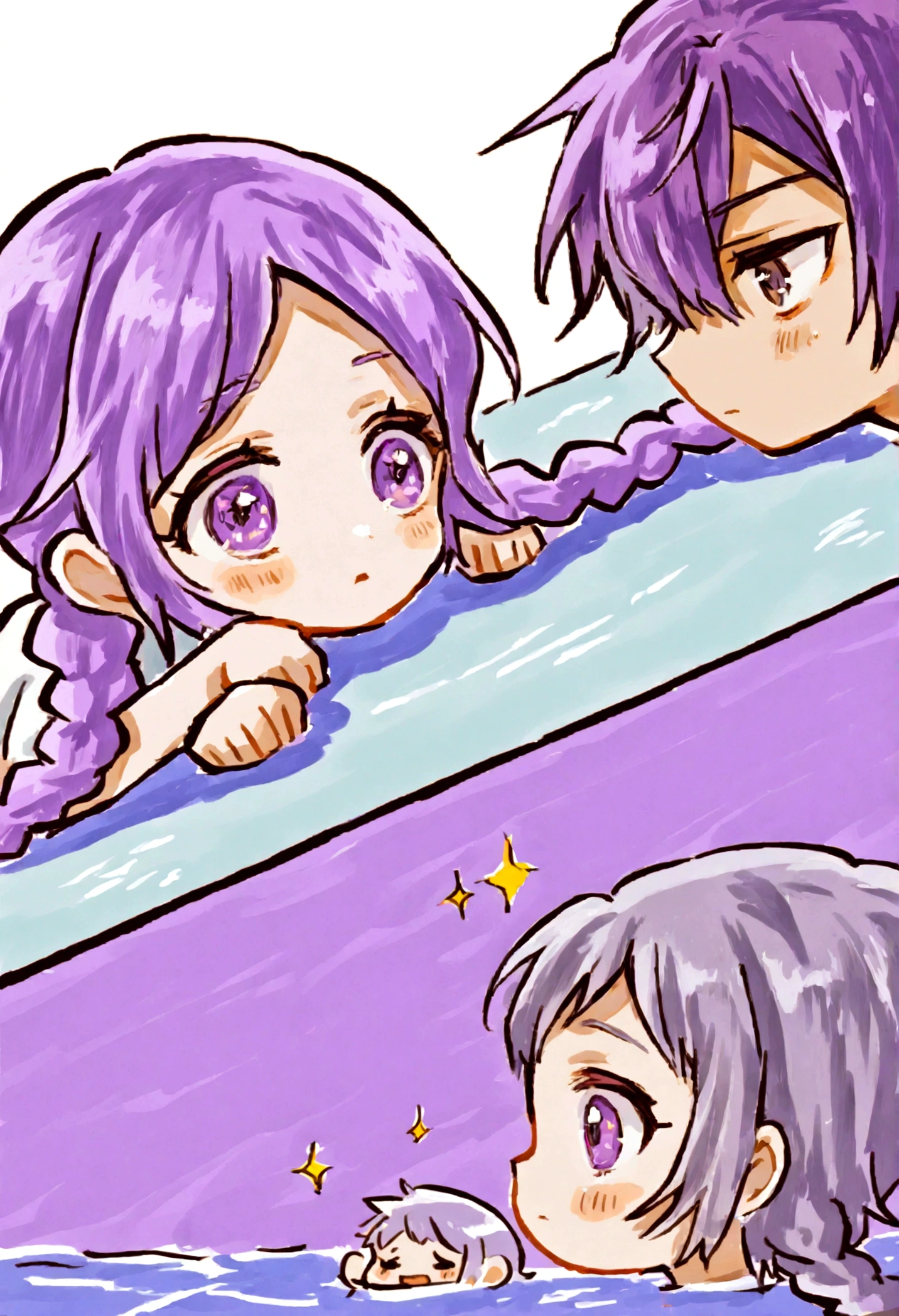 Two people, A boy and a girl, Two children swimming in the pool, one girl has double Fried Dough Twists braids, (((white to purple hair))), the other girl has short hair, On the opposite side, kaeruyama yoshitaka