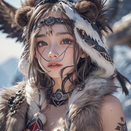 Hiding in the snowy mountains、Hair flow、 ((highest quality、masterpiece、8k、Best image quality、Ultra-high resolution、Award-winning works)、(Accurate anatomy:1.1)、(Look at me and smile:1.1)、Shining fair skin with Ultra-high resolution、The most detailed face、Ultra-high resolution detailed face、Ultra-high resolutionの髪の毛、(Ultra-high resolutionの煌めく瞳:1.1)、Beautiful face drawn in every detail、(Blurred Background:1.1)、Ancient Inuit clothing, Chest to chest, tattoo, Old ruins in the background、Apart from the real giant eagle
