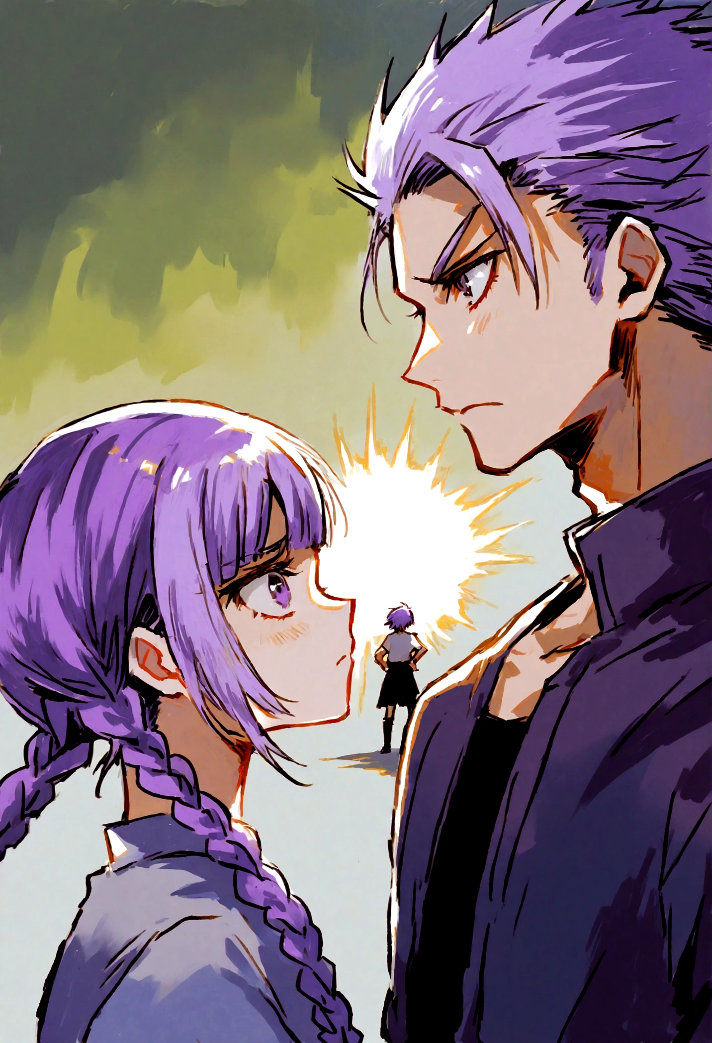 Two people, A boy and a girl, Two children are fighting monsters, one girl has double Fried Dough Twists braids, (((white to purple hair))), the other girl has short hair, On the opposite side, kaeruyama yoshitaka