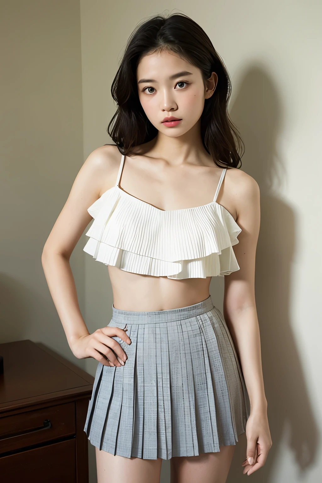 (Highly detailed body,Highly detailed face,Best Quality:1.2) ,(Swimwear,JK Pleated Skirt),(Background room wall:1.4)(Medium breast1.2),Bust size g60,Young face