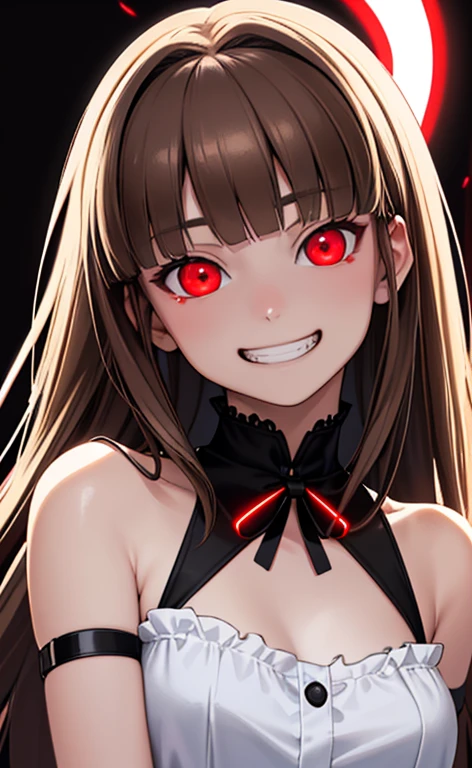 (Photorealistic:1.4)、(,20-year-old:1.5),(masterpiece、lens flare:1.5、spot light:1.2、Exquisite beautiful eye:1.5,portlate),(kind eyes、tareme:1.2),()
、Cute Face、 3D Face、(light brown hair:1.5)、(straight hair),.(sidelock long :1.3),(blunt bangs:1.3),(1 woman)、(Red eyes:1.2)、(upper body:1.5)、(grin:1.5)、(head tilt) ,(Cute face:1.2),(flat chest),(),kind face,(white red gothic lolita neck holder dress),(black background:1.5)、(glowing eyes:1.3)、()、 Neat and clean、Adorable、Demure,Slim Body(),Shiny Hair、()、Nijisketch,Manga,smiley face, grin