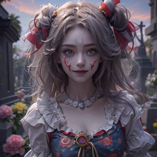 Standing in the grave、Hair flow、 ((highest quality、masterpiece、8k、Best image quality、Ultra-high resolution、Award-winning works)、(Accurate anatomy:1.1)、(Look at me and smile:1.1)、Shining fair skin with Ultra-high resolution、The most detailed face、Ultra-high resolution detailed face、Ultra-high resolutionの髪の毛、(Ultra-high resolution eye:1.1)、Beautiful face drawn in every detail、Cheerful clown costume, Chest to chest, Strange atmosphere, Ghosts flow, Dark Light, At the cemetery, Heavy makeup