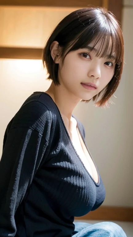 (highest quality,masterpiece:1.3,Ultra-high resolution),(Very detailed,Caustics,8k), (Realistic:1.4, RAW shooting),evening,Sunset sky,Inside Japan House,Japanese,20-year-old,smile,Black Short Hair,(Tight summer knit),(Big Breasts:1.4),Bust up shot,Natural light,(Low position),(Low Angle)