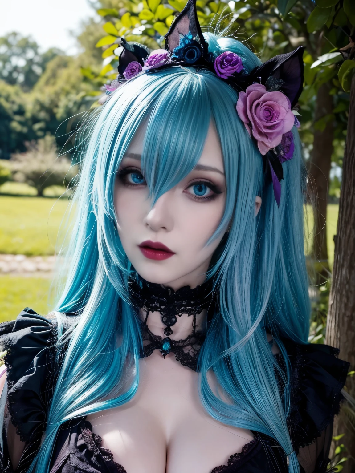 woman, mature,It has a very colorful and striking kawaii gothic style, outdoors, colored hair, pastel, masterpiece, beautiful, lush hair, gothic makeup, bright blue eyes