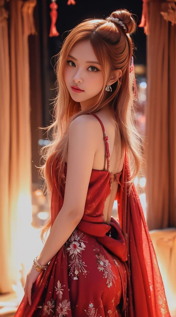 In the bustling streets of a vibrant Indian city, amidst the kaleidoscope of colors and scents, a woman (((Selena Gomez:Emma Watson:0.7))) clad in a vibrant red saree and a black blouse becomes an ethereal sight that captivates all who lay eyes upon her. Her undeniable beauty transcends time and space, leaving onlookers spellbound.

Describe the scene as the woman, with her graceful presence, glides through a crowded marketplace, where merchants and shoppers pause to admire her radiance. The atmosphere is alive with whispers as her mesmerizing allure evokes a sense of awe and admiration.

Embark on a journey to reveal the woman’s story—her name, her background, her passions—and the reasons behind her choice of attire. Explore her persona, intertwining elements of mystery and allure, as people speculate on the secrets hiding behind her enchanting gaze.

Incorporate the sights, sounds, and emotions that surround this extraordinary woman, as she navigates through the city’s vibrant tapestry. Whether it be the scent of freshly ground spices, the distant sound of temple bells, or the intricate henna designs adorning her hands, immerse the reader in the sensory experience of this captivating moment.

As the story unfolds, her path intertwines with that of a curious photographer who becomes determined to capture her undeniable beauty in a single photograph. Describe their encounters, the photographer’s attempts to understand her story, and the profound impact this woman’s presence has on his own life.