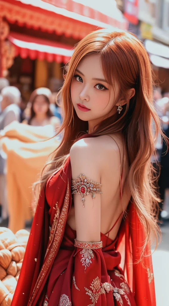 In the bustling streets of a vibrant Indian city, amidst the kaleidoscope of colors and scents, a woman (((Selena Gomez:Emma Watson:0.7))) clad in a vibrant red saree and a black blouse becomes an ethereal sight that captivates all who lay eyes upon her. Her undeniable beauty transcends time and space, leaving onlookers spellbound.
Describe the scene as the woman, with her graceful presence, glides through a crowded marketplace, where merchants and shoppers pause to admire her radiance. The atmosphere is alive with whispers as her mesmerizing allure evokes a sense of awe and admiration.
Embark on a journey to reveal the woman’s story—her name, her background, her passions—and the reasons behind her choice of attire. Explore her persona, intertwining elements of mystery and allure, as people speculate on the secrets hiding behind her enchanting gaze.
Incorporate the sights, sounds, and emotions that surround this extraordinary woman, as she navigates through the city’s vibrant tapestry. Whether it be the scent of freshly ground spices, the distant sound of temple bells, or the intricate henna designs adorning her hands, immerse the reader in the sensory experience of this captivating moment.
As the story unfolds, her path intertwines with that of a curious photographer who becomes determined to capture her undeniable beauty in a single photograph. Describe their encounters, the photographer’s attempts to understand her story, and the profound impact this woman’s presence has on his own life.