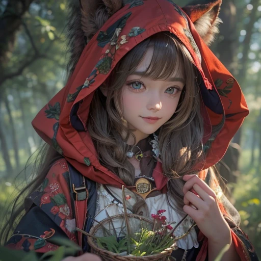 Standing in the forest、Hair flow、 ((highest quality、masterpiece、8k、Best image quality、Ultra-high resolution、Award-winning works)、(Accurate anatomy:1.1)、(Look at me and smile:1.1)、Shining fair skin with Ultra-high resolution、The most detailed face、Ultra-high resolution detailed face、Ultra-high resolutionの髪の毛、(Ultra-high resolution eye:1.1)、Beautiful face drawn in every detail、little red riding hood Costumes , Chest to chest, Strange atmosphere, A real werewolf stares at her......., Dark Light, in the forest , Heavy makeup