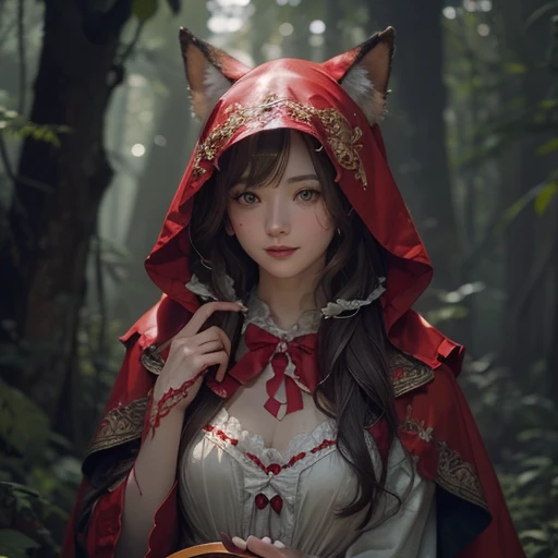 Standing in the forest、Hair flow、 ((highest quality、masterpiece、8k、Best image quality、Ultra-high resolution、Award-winning works)、(Accurate anatomy:1.1)、(Look at me and smile:1.1)、Shining fair skin with Ultra-high resolution、The most detailed face、Ultra-high resolution detailed face、Ultra-high resolutionの髪の毛、(Ultra-high resolution eye:1.1)、Beautiful face drawn in every detail、little red riding hood Costumes , Chest to chest, Strange atmosphere, A real werewolf stares at her......., Dark Light, in the forest , Heavy makeup