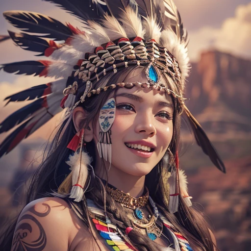 At the Grand Canyon、Hair flow、 ((highest quality、masterpiece、8k、Best image quality、Ultra-high resolution、Award-winning works)、(Accurate anatomy:1.1)、(Look at me and smile:1.1)、Shining fair skin with Ultra-high resolution、The most detailed face、Ultra-high resolution detailed face、Ultra-high resolutionの髪の毛、(Ultra-high resolutionの煌めく瞳:1.1)、Beautiful face drawn in every detail、(Blurred Background:1.1)、Native American Costume, American Indian Clothing, Chest to chest, tattoo、A real giant condor next to you。