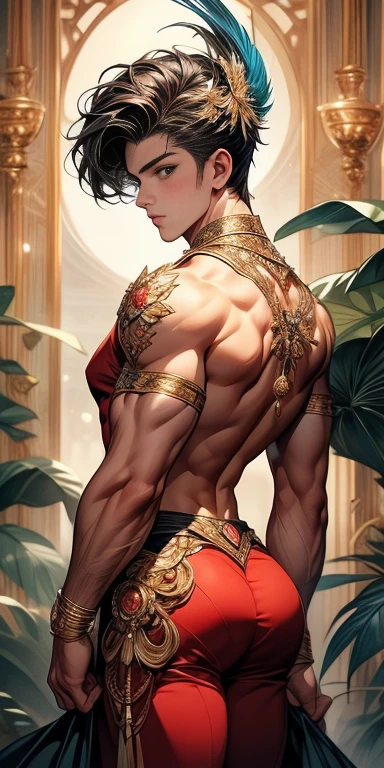masterpiece, ((masterpiece)), Best quality, complex parts, perfect Whimsical, gentle, a little feminine face, detailed face, Highly detailed and fine figurine, ultra-realistic, detailed body, detailed pectoral muscles, ((Boy's focus)), detailed muscles, convex, (((A handsome boy, 17 years old))), athletic build, ((ideal body)), aesthetically beautiful, erotically tempting, seducing, offering himself With a beautiful sexy tango panti With round perfect buttocks, Rear view from bottom to top muscular, sweaty after a workout, In a Venetian mask with peacock and bird of paradise feathers, In White, red and gold colors, diamond chips all over the body , Watercolor, in the style of Caravaggio