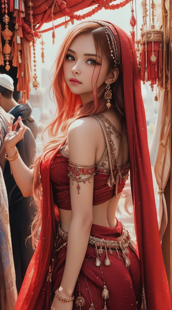 In the bustling streets of a vibrant Indian city, amidst the kaleidoscope of colors and scents, a woman (((Selena Gomez:Emma Watson:0.7))) clad in a vibrant red saree and a black blouse becomes an ethereal sight that captivates all who lay eyes upon her. Her undeniable beauty transcends time and space, leaving onlookers spellbound.
Describe the scene as the woman, with her graceful presence, glides through a crowded marketplace, where merchants and shoppers pause to admire her radiance. The atmosphere is alive with whispers as her mesmerizing allure evokes a sense of awe and admiration.
Embark on a journey to reveal the woman’s story—her name, her background, her passions—and the reasons behind her choice of attire. Explore her persona, intertwining elements of mystery and allure, as people speculate on the secrets hiding behind her enchanting gaze.
Incorporate the sights, sounds, and emotions that surround this extraordinary woman, as she navigates through the city’s vibrant tapestry. Whether it be the scent of freshly ground spices, the distant sound of temple bells, or the intricate henna designs adorning her hands, immerse the reader in the sensory experience of this captivating moment.
As the story unfolds, her path intertwines with that of a curious photographer who becomes determined to capture her undeniable beauty in a single photograph. Describe their encounters, the photographer’s attempts to understand her story, and the profound impact this woman’s presence has on his own life.