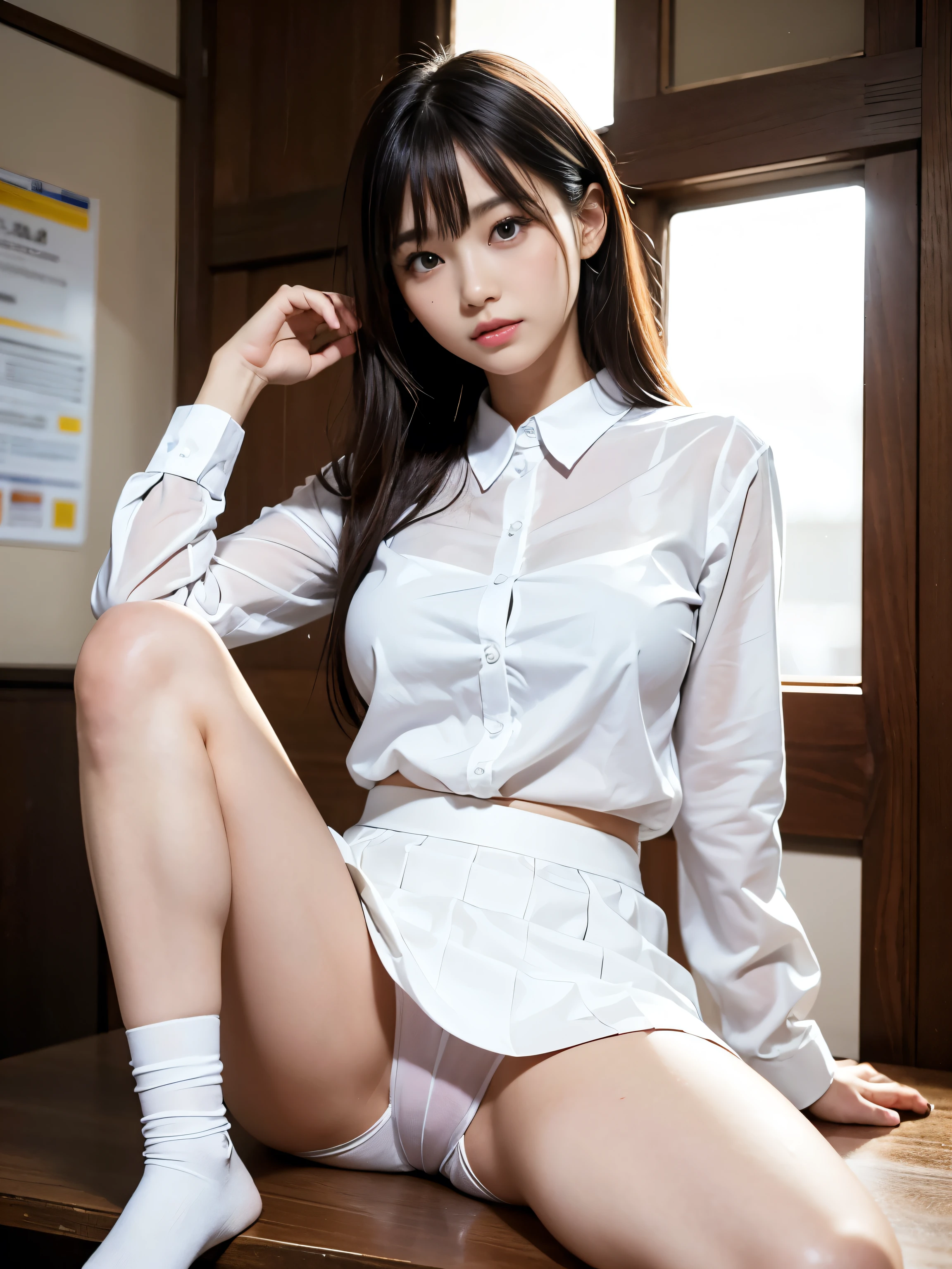 ultra highres,(reality: 1.4),highest quality, masterpiece, high detail, 16K quality, beautiful, 1 beautiful girl,japanese,super beautiful face,baby face,japanese idol face,cute face,super detailed face,detailed hand,beautiful skin,sweaty skin,big eyes,big smile,profeccional lighting,medium hair, black hair,brown beautiful eyes, see through white shirt,cleavag,checked skirt,sitting with knee up,((spread legs)),skirt lift,(((show off panty))),((white panty)),medium breasts,she is looking at the camera,modern style classroom,nsfw,from front,