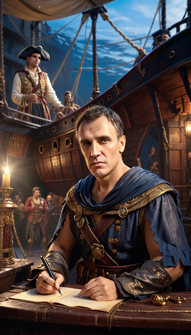 Cinematic style, Julius Caesar writing poetry on a pirate ship, background dark, hyper realistic, ultra detailed hyper realistic, photorealistic, Studio Lighting, reflections, dynamic pose, Cinematic, Color Grading, Photography, Shot on 50mm lens, Ultra-Wide Angle, Depth of Field, hyper-detailed, beautifully color, 8k, golden light from the front,