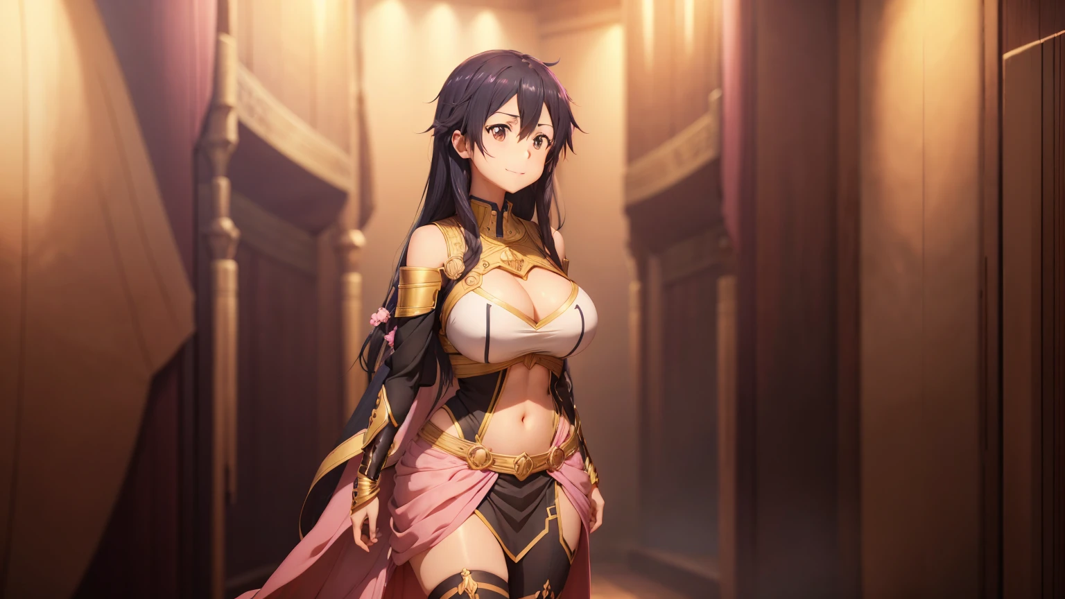 Kirito, Pink egyptian clothing, blushing smile, brown skin, long black hair, standing alone in the dance hall, Super huge big breasts breast enlargement looking into camera illustration, ultra-detailed, HDR, vibrant colors, soft lighting high quality and super detailed