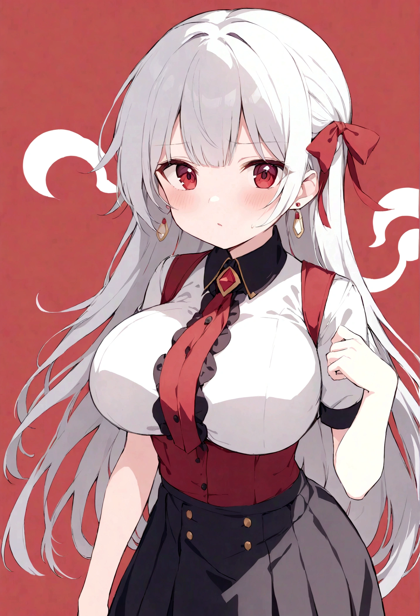(quality,pixiv,
vinegar,1 Girl,Solitary,earrings,Jewelry,Red Eyes,Red background,breast,Ribbon,long hair,looking at the audience,hair Ribbon,Simple background,like \(destiny\),Ma Kirito Sakura,Bangs,large breast,Short sleeve,black skirt,red Ribbon,transparent,Shut up,skirt,Gray hair,white hair,Puff sleeves,Buttons,red bow,bow,