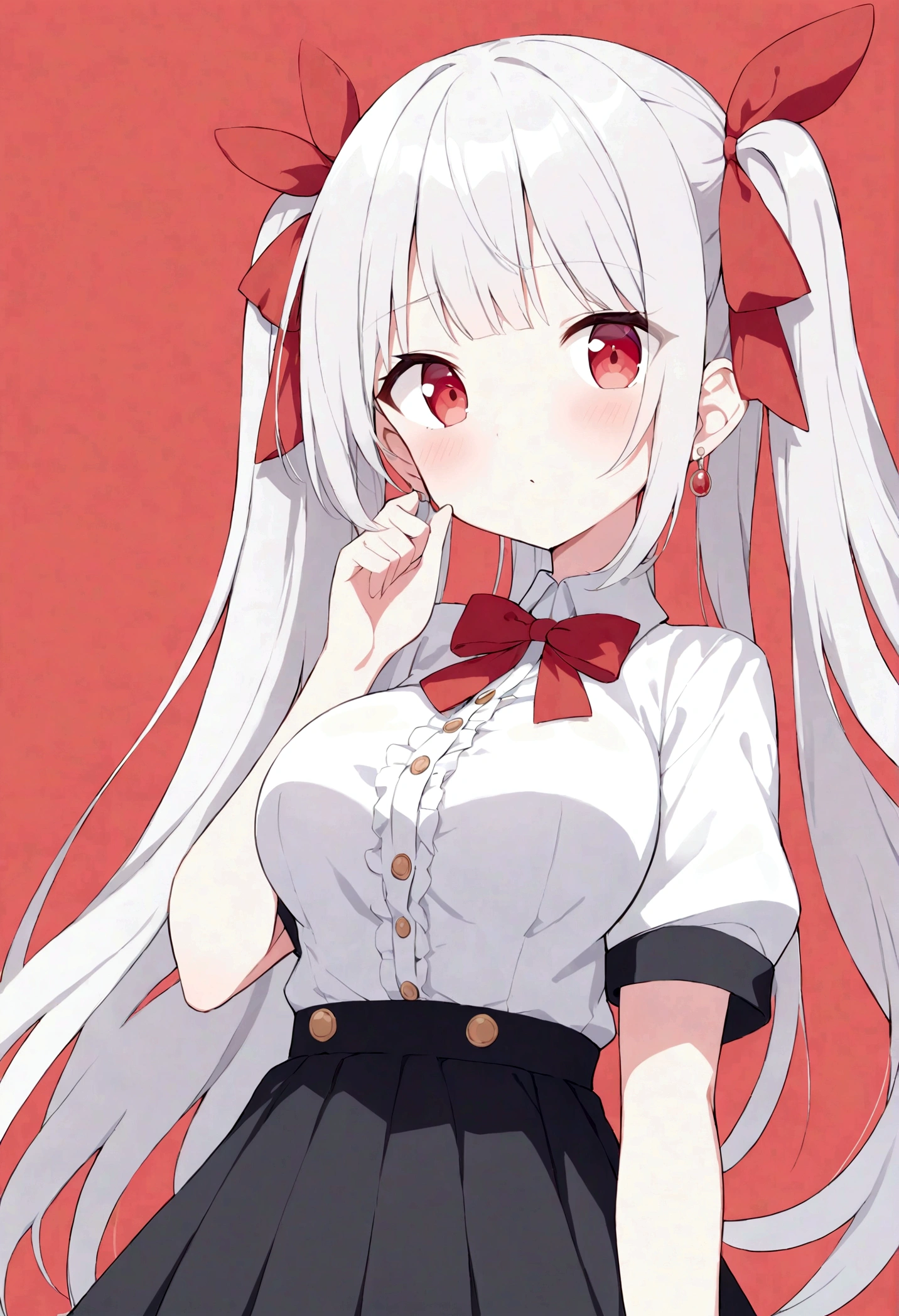 (quality,pixiv,
vinegar,1 Girl,Solitary,earrings,Jewelry,Red Eyes,Red background,breast,Ribbon,long hair,looking at the audience,hair Ribbon,Simple background,like \(destiny\),Ma Kirito Sakura,Bangs,large breast,Short sleeve,black skirt,red Ribbon,transparent,Shut up,skirt,Gray hair,white hair,Puff sleeves,Buttons,red bow,bow,
