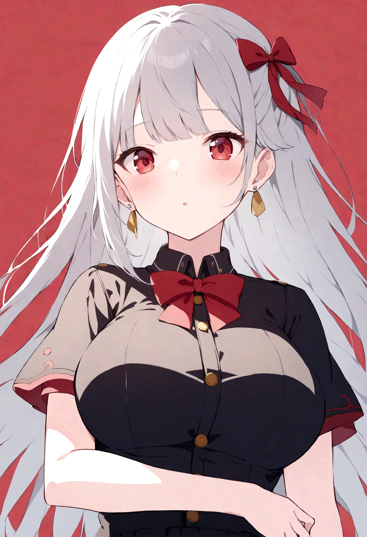 (quality,pixiv,
vinegar,1 Girl,Solitary,earrings,Jewelry,Red Eyes,Red background,breast,Ribbon,long hair,looking at the audience,hair Ribbon,Simple background,like \(destiny\),Ma Kirito Sakura,Bangs,large breast,Short sleeve,black skirt,red Ribbon,transparent,Shut up,skirt,Gray hair,white hair,Puff sleeves,Buttons,red bow,bow,
