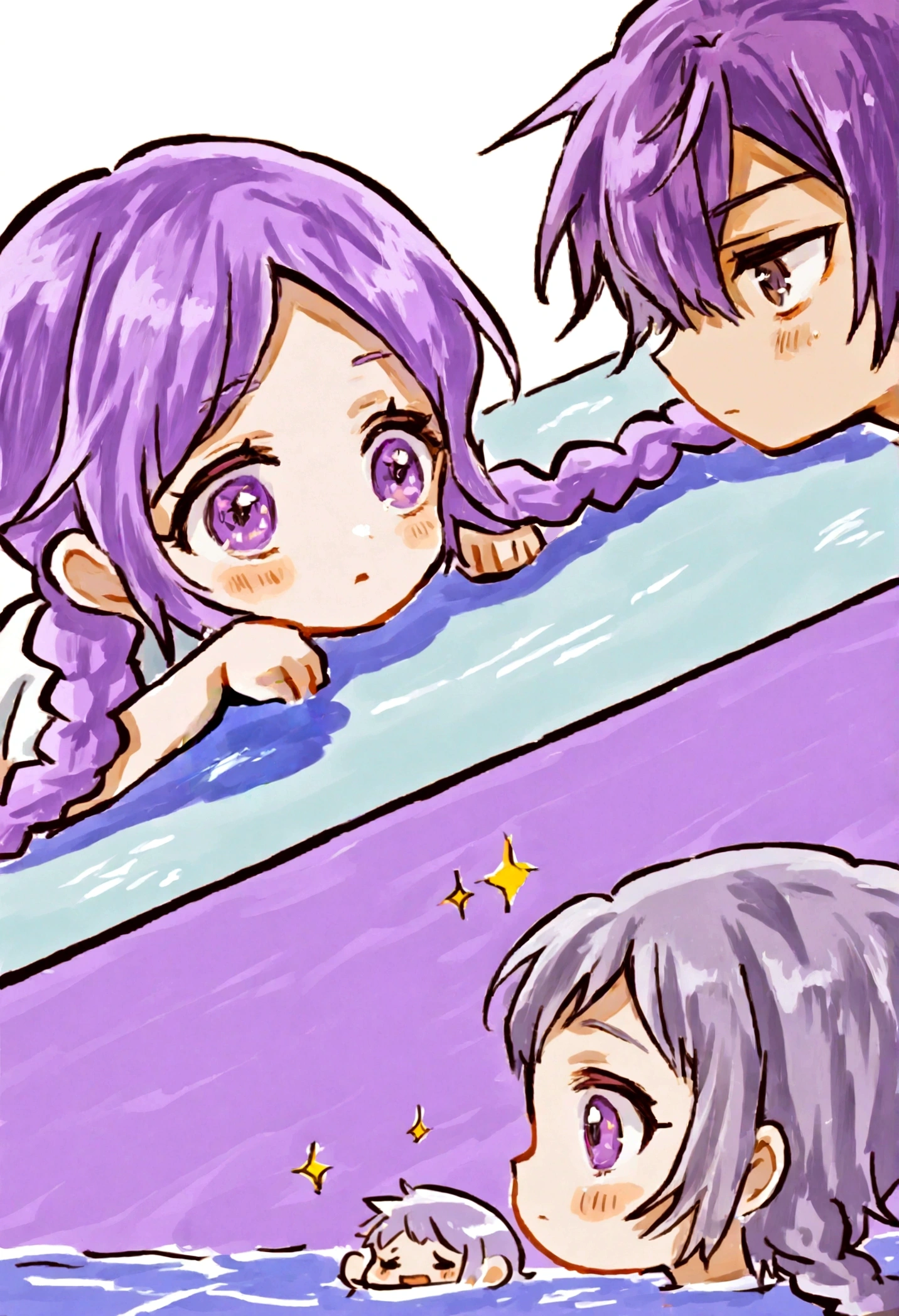 Two people, A boy and a girl, Two children swimming in the pool, one girl has double Fried Dough Twists braids, (((white to purple hair))), the other girl has short hair, On the opposite side, kaeruyama yoshitaka