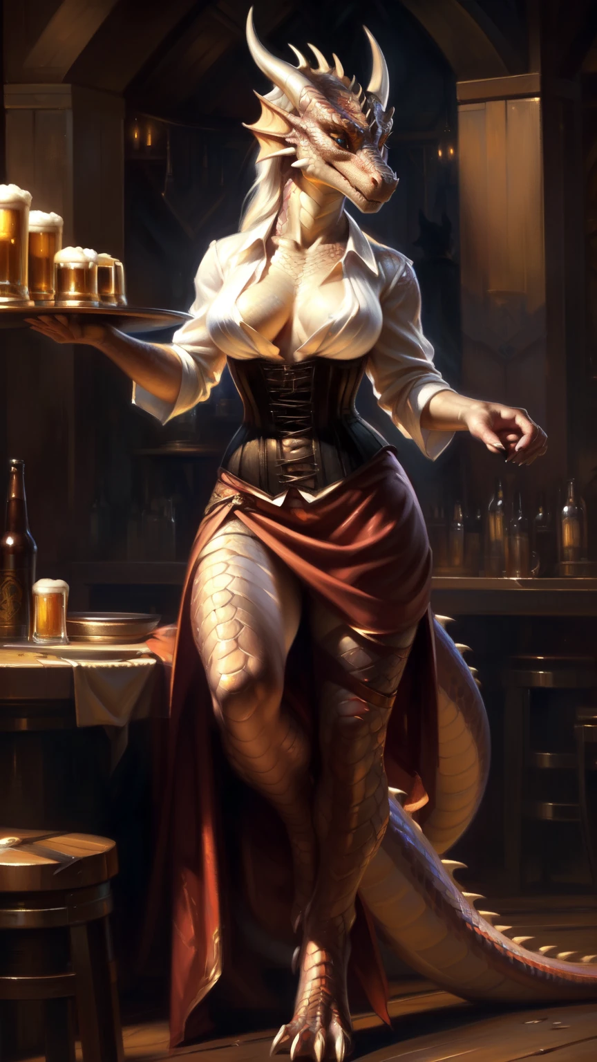 uploaded to e621, by Pixelsketcher, from Bayard Wu, Thomas Benjamin Kennington , from Einhelm, One second, oil painting, style by Italian artist Pino Daeni, ((full Length, Master plan)),(detailed lighting of Bonifasco), (Detailed scales), (Detailed skin), ((anthro wingless dragon female, scalie skin, beautiful body, long tight Graceful tail, long beautiful legs, high detailed dragon head, big eyes, very long eyelashes, long hair)), ((Kellner cloth, medieval waiter clothing, beer delivery woman, white shirt on the chest, corset emphasizing ample breasts, knee length skirt)), character holding two large mugs of foamy beer, medieval tavern interior, many visitors in the background