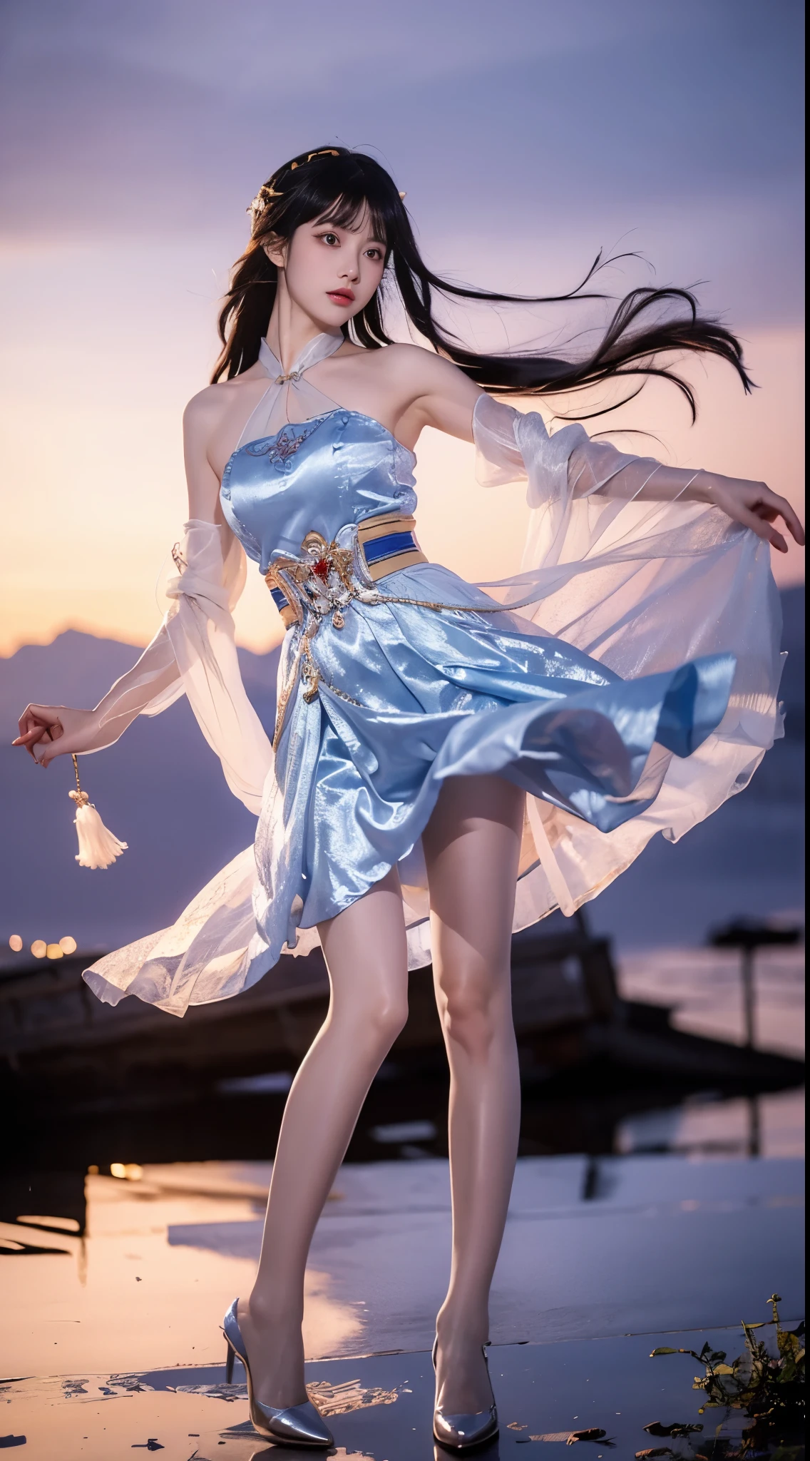 yinziping,china dress, ((masterpiece, 32k,8K,wallpaper, high resolution, Ridiculous resources,RAW photos,)), ((Bare shoulders)), ((The skirt is very short)), ((Sexy long legs)), (Realistically:1.5),(Light),(Detailed fingers),(High Detail Skin:1.Red Eyes),1 busty girl,solitary, Winters, Yuki, Lace pantyhose,(Huge snatch),twiLight，Colorful Clouds，Wind，Flying hair，