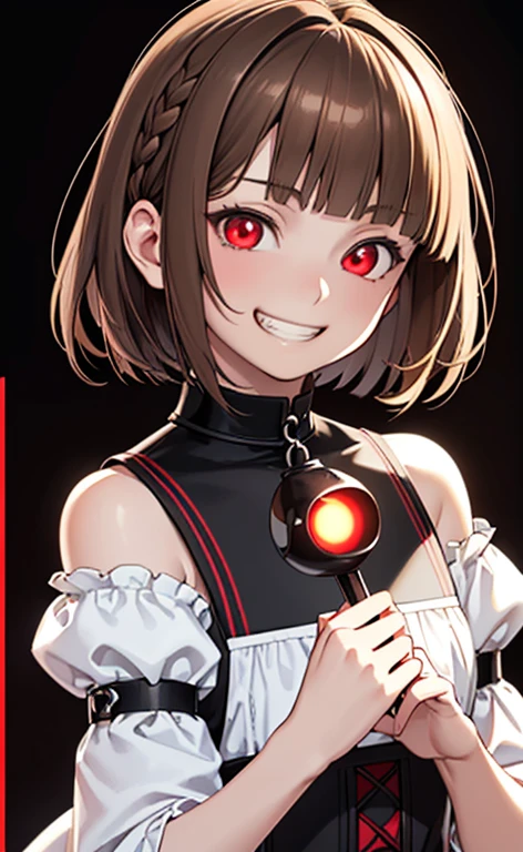 (Photorealistic:1.4)、(,20-year-old:1.5),(masterpiece、lens flare:1.5、spot light:1.2、Exquisite beautiful eye:1.5,portlate),(kind eyes、tareme:1.2),()
、Cute Face、 3D Face、(light brown hair:1.5)、(short hair),.(sideburns :1.3),(blunt bangs:1.3),(1 woman)、(Red eyes:1.2)、(upper body:1.5)、(grin:1.5)、(head tilt) ,(Cute face:1.2),(flat chest),(),kind face,(white red gothic lolita neck holder dress),(black background:1.5)、(glowing eyes:1.3)、()、 Neat and clean、Adorable、Demure,Slim Body(),Shiny Hair、()、Nijisketch,Manga,smiley face, grin