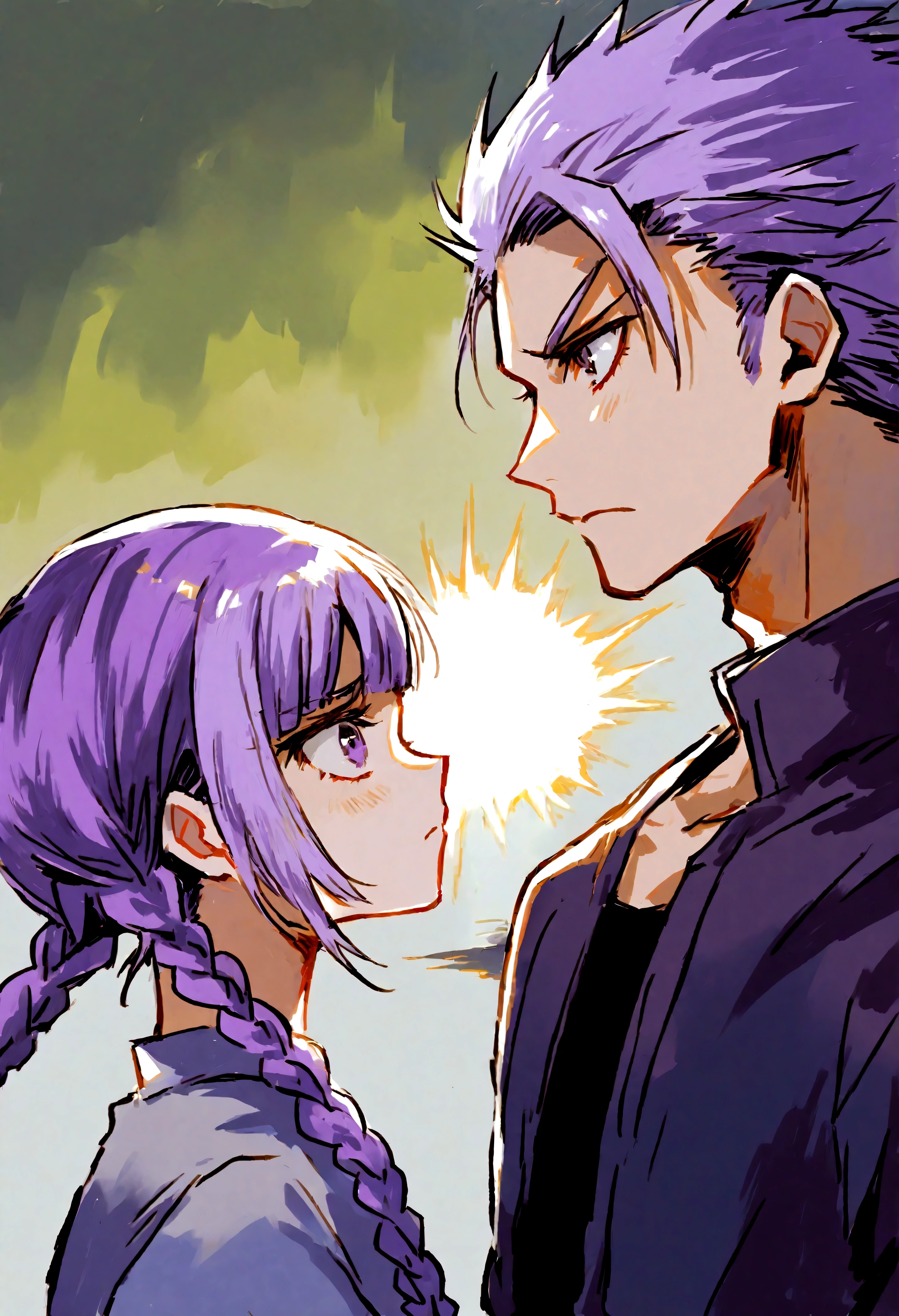 Two people, A boy and a girl, Two children are fighting monsters, one girl has double Fried Dough Twists braids, (((white to purple hair))), the other girl has short hair, On the opposite side, kaeruyama yoshitaka