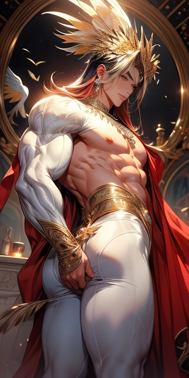 masterpiece, ((masterpiece)), Best quality, complex parts, perfect Whimsical, gentle, a little feminine face, detailed face, Highly detailed and fine figurine, ultra-realistic, detailed body, detailed pectoral muscles, ((Boy's focus)), detailed muscles, convex,  (((A handsome boy, ))), athletic build, ((ideal body)), aesthetically beautiful, erotically tempting, seducing, offering himself With a beautiful sexy tango panti With round perfect buttocks, Rear view from bottom to top muscular, sweaty after a workout, In a Venetian mask with peacock and bird of paradise feathers, In White, red and gold colors, diamond chips all over the body , Watercolor, in the style of Caravaggio 