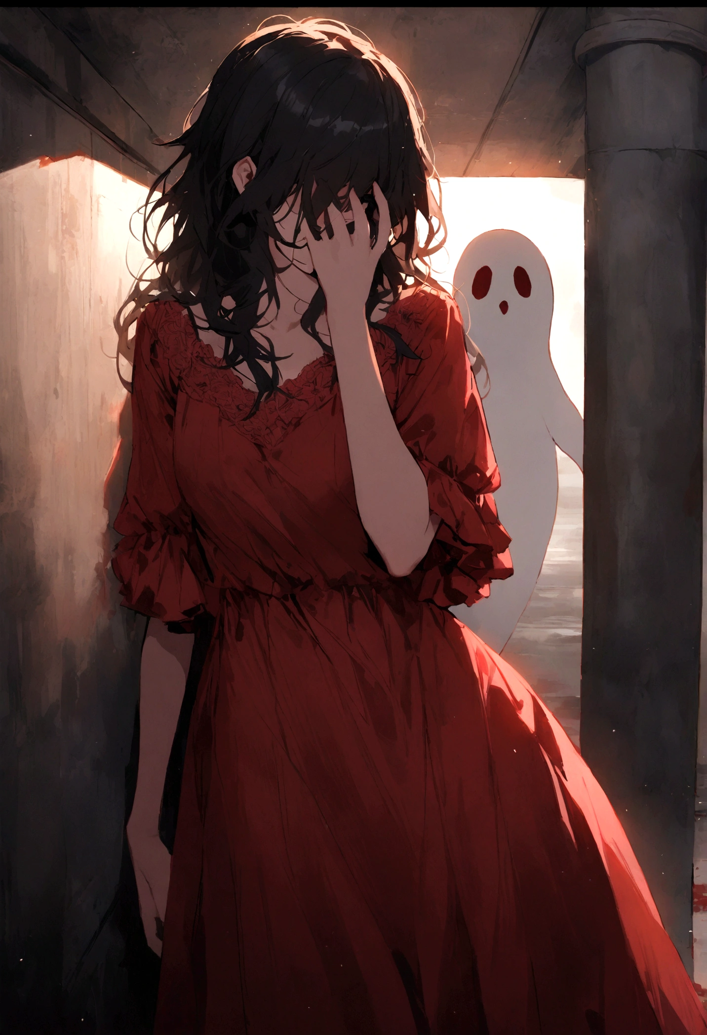 In a corner of the underground parking lot, stands a female ghost wearing a red dress. Disheveled black hair obscures her face, and there are bloodstains on the dress