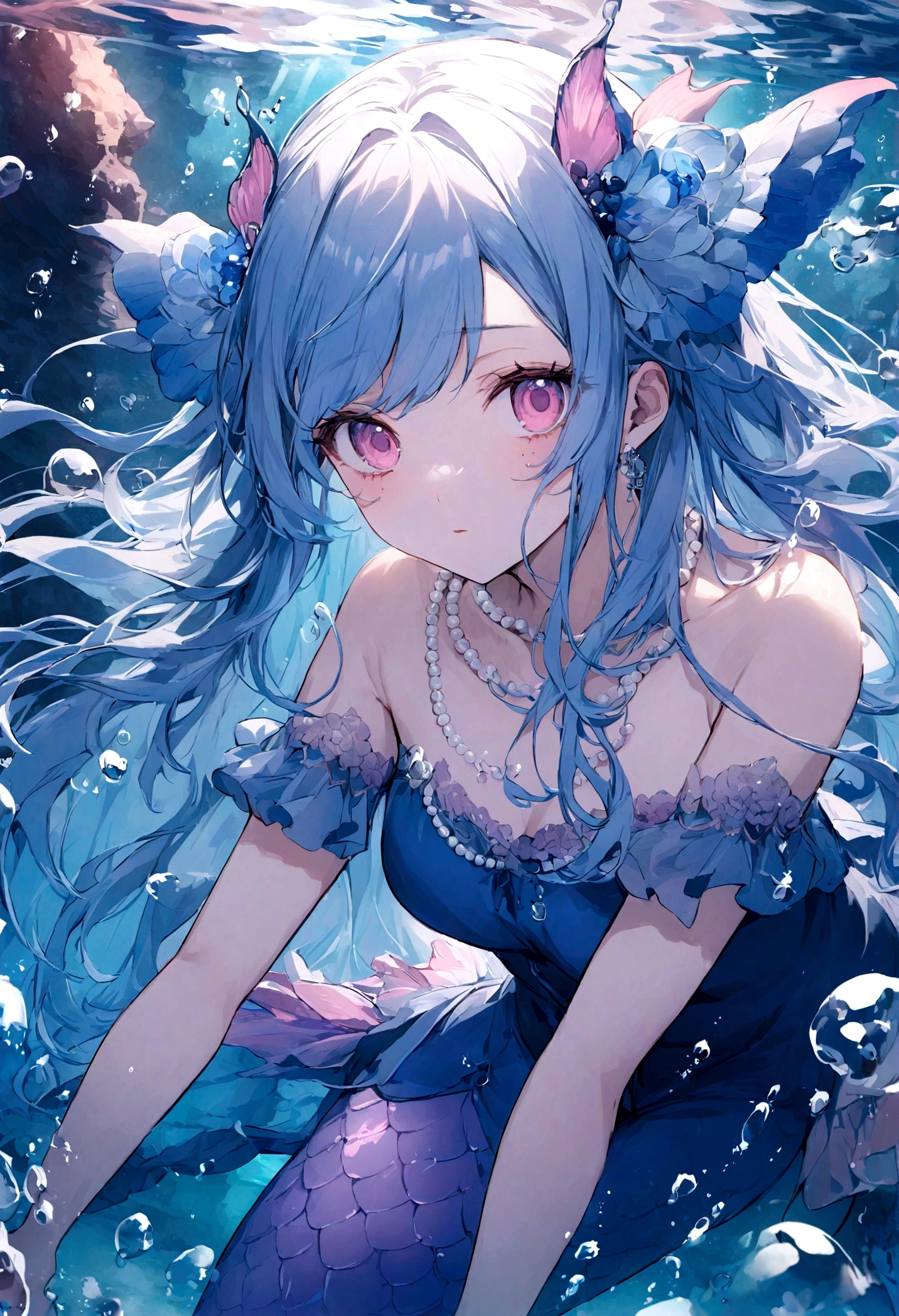 海Blue long hair,close up,dream world,Mermaid girl, 海Blue long hair,Nice pink eyes,Underwater,Tear moles,Mermaid ears,(Pearl necklace,necklace),necklace,Off-shoulder blue dress,human creature, Tanah Lot background, Her skin is very white, Fair skin,pink eyes,Blue long hair, High heel,Black Leg,Tattoo