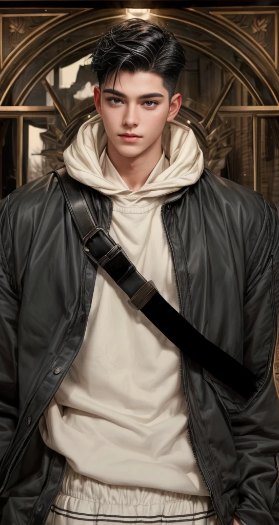 masterpiece, 1boy, young, handsome, black hair, undercut hair, perfect face, detailed eyes and face,black eyes, clean shaved, muscular, capturing a rural atmosphere, dynamic lighting, unreal engine 5