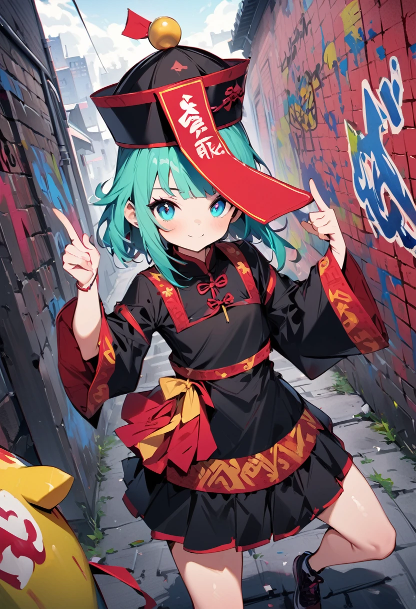 Graffiti art,pop,,(masterpiece, best quality:1.1), (ultra highres, ultra-detailed:1.2) ,Cute Jiangshi,Graffiti on the Great Wall,(inkpaint:1.3),