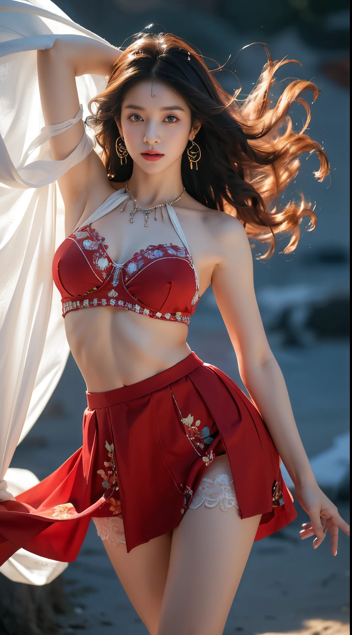A beautiful girl wearing a pink translucent Hanfu,Perfectly detailed face,Watery details with big eyes,Long hair,Dance,looks into camera,Smile at you