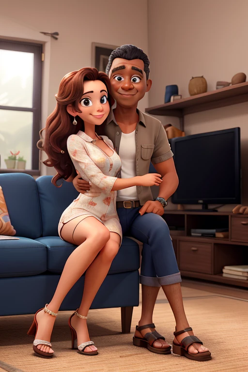 um casal 38 anos de idade,apenas o homem e a mulher ,namorados,sitting on the sofa in a romantic pose, o homem de pele morena e a mulher de pele branca ,wearing high heel sandals ,ambos de olhos castanhos ,assistindo TV juntos