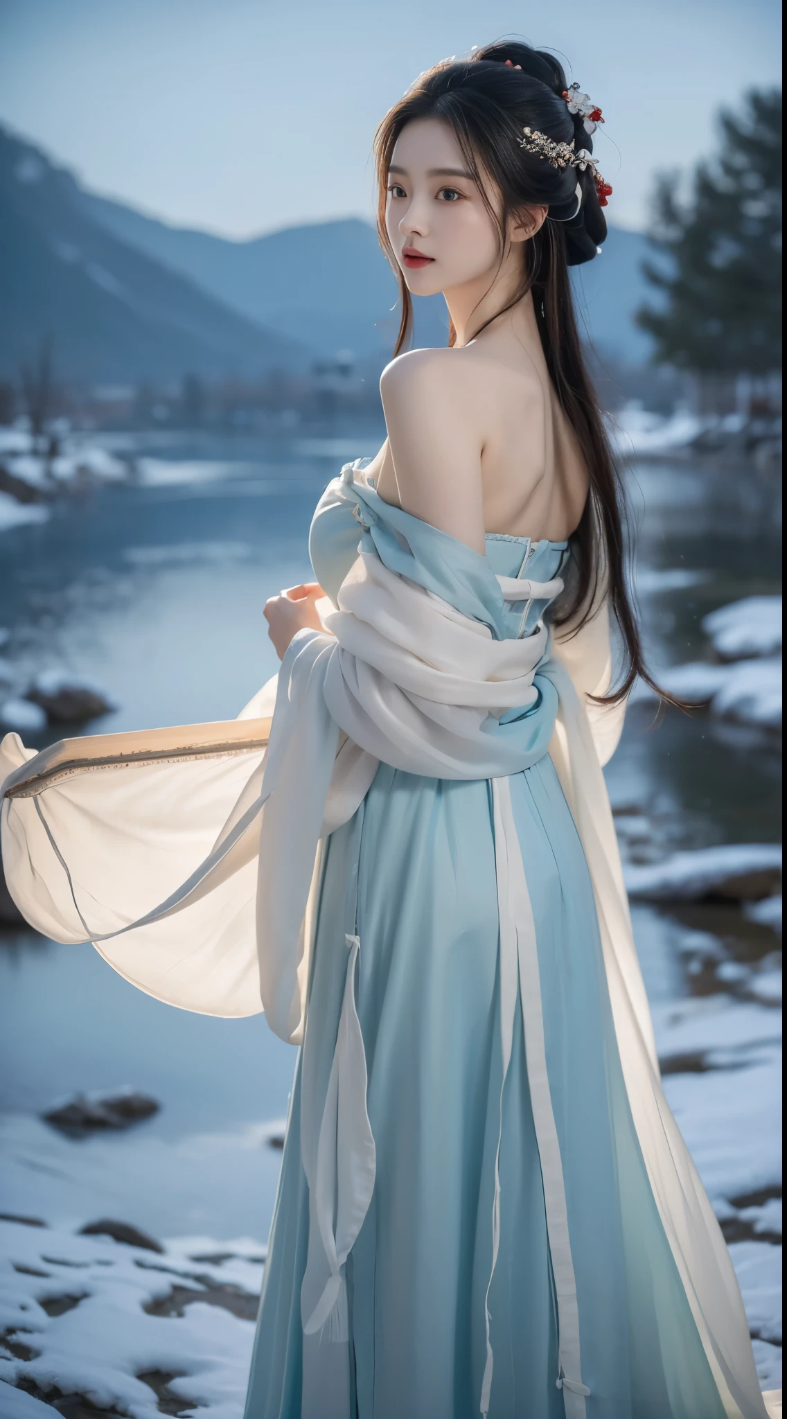 hanfu-song, hanfu, song theme, bandeau, tube top, ((cowboy shot)), realistic detailed photo of a giant breasted girl with exposed shoulders, detailed fingers, high quality skin, red eyes, alone in a winter scene with clouds, wind, and flowing hair, (best quality,4k,8k,highres,masterpiece:1.2),ultra-detailed,(realistic,photorealistic,photo-realistic:1.37),studio lighting,vivid colors