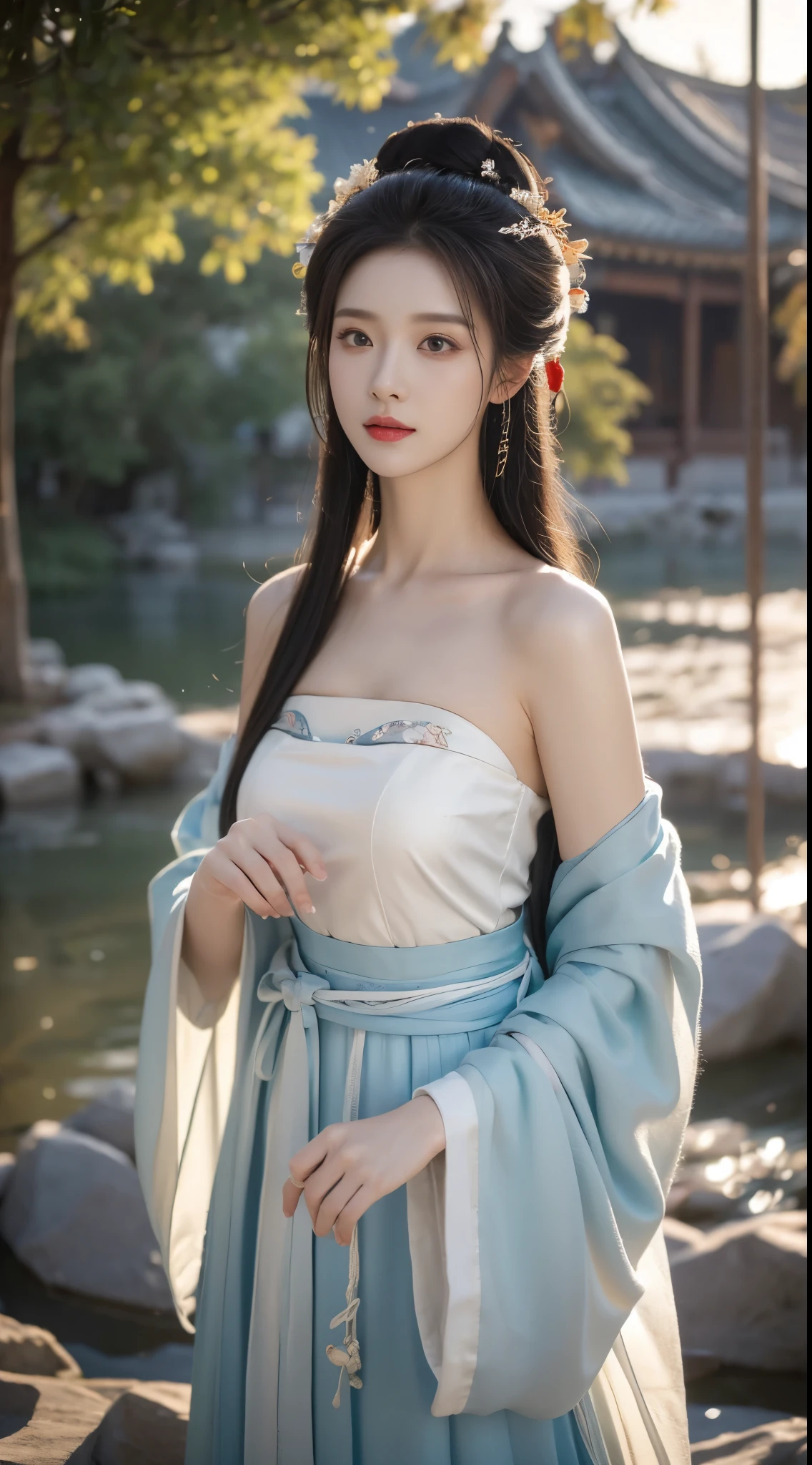 hanfu-song, hanfu, song theme, bandeau, tube top, ((cowboy shot)), realistic detailed photo of a giant breasted girl with exposed shoulders, detailed fingers, high quality skin, red eyes, alone in a winter scene with clouds, wind, and flowing hair, (best quality,4k,8k,highres,masterpiece:1.2),ultra-detailed,(realistic,photorealistic,photo-realistic:1.37),studio lighting,vivid colors