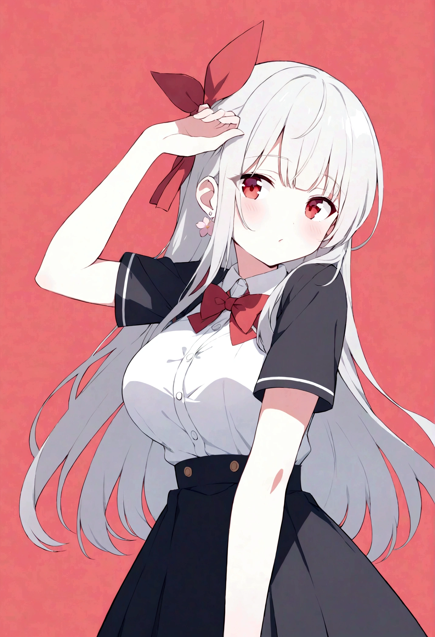 (quality,pixiv,
vinegar,1 Girl,Solitary,earrings,Jewelry,Red Eyes,Red background,breast,Ribbon,long hair,looking at the audience,hair Ribbon,Simple background,like \(destiny\),Ma Kirito Sakura,Bangs,large breast,Short sleeve,black skirt,red Ribbon,transparent,Shut up,skirt,Gray hair,white hair,Puff sleeves,Buttons,red bow,bow,