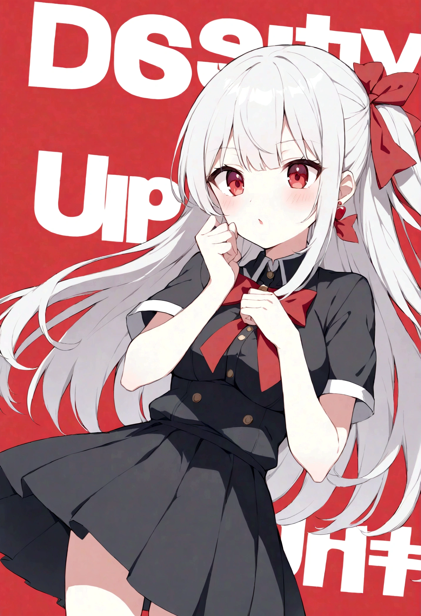 (quality,pixiv,
vinegar,1 Girl,Solitary,earrings,Jewelry,Red Eyes,Red background,breast,Ribbon,long hair,looking at the audience,hair Ribbon,Simple background,like \(destiny\),Ma Kirito Sakura,Bangs,large breast,Short sleeve,black skirt,red Ribbon,transparent,Shut up,skirt,Gray hair,white hair,Puff sleeves,Buttons,red bow,bow,
