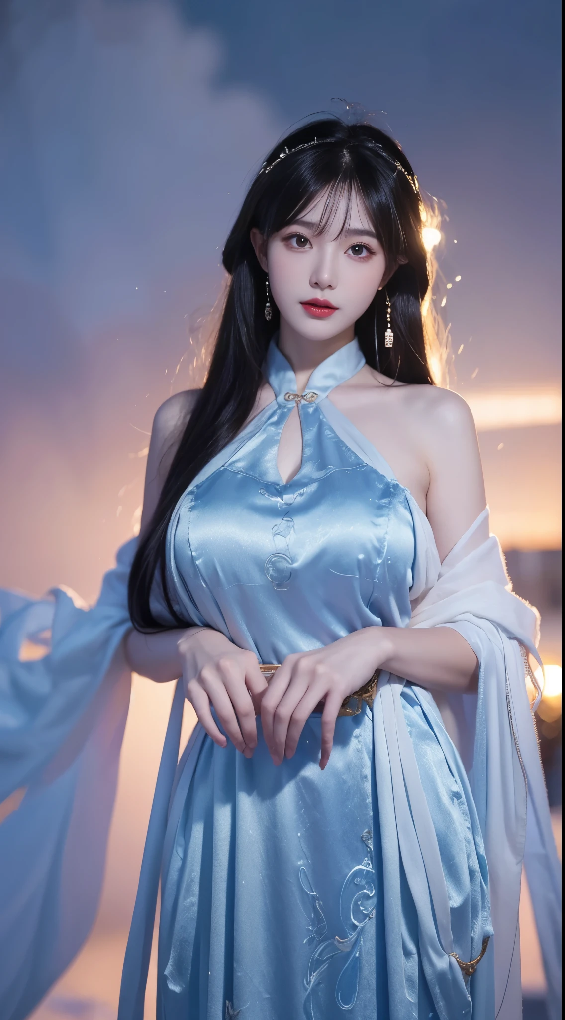 yinziping,china dress, ((cowboy shot)), realistic detailed photo of a giant breasted girl with exposed shoulders, detailed fingers, high quality skin, red eyes, alone in a winter scene with clouds, wind, and flowing hair, (best quality,4k,8k,highres,masterpiece:1.2),ultra-detailed,(realistic,photorealistic,photo-realistic:1.37),studio lighting,vivid colors