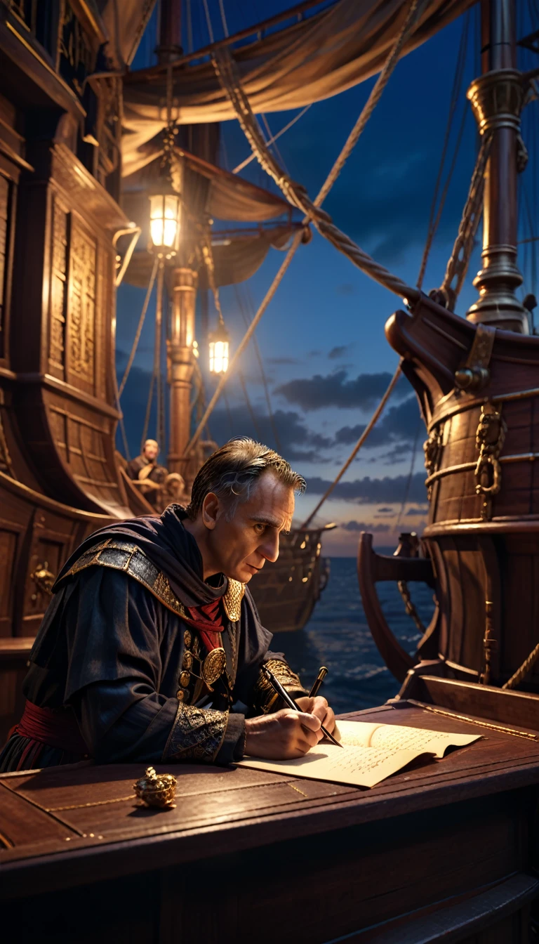 Cinematic style, Julius Caesar writing poetry on a pirate ship, background dark, hyper realistic, ultra detailed hyper realistic, photorealistic, Studio Lighting, reflections, dynamic pose, Cinematic, Color Grading, Photography, Shot on 50mm lens, Ultra-Wide Angle, Depth of Field, hyper-detailed, beautifully color, 8k, golden light from the front,