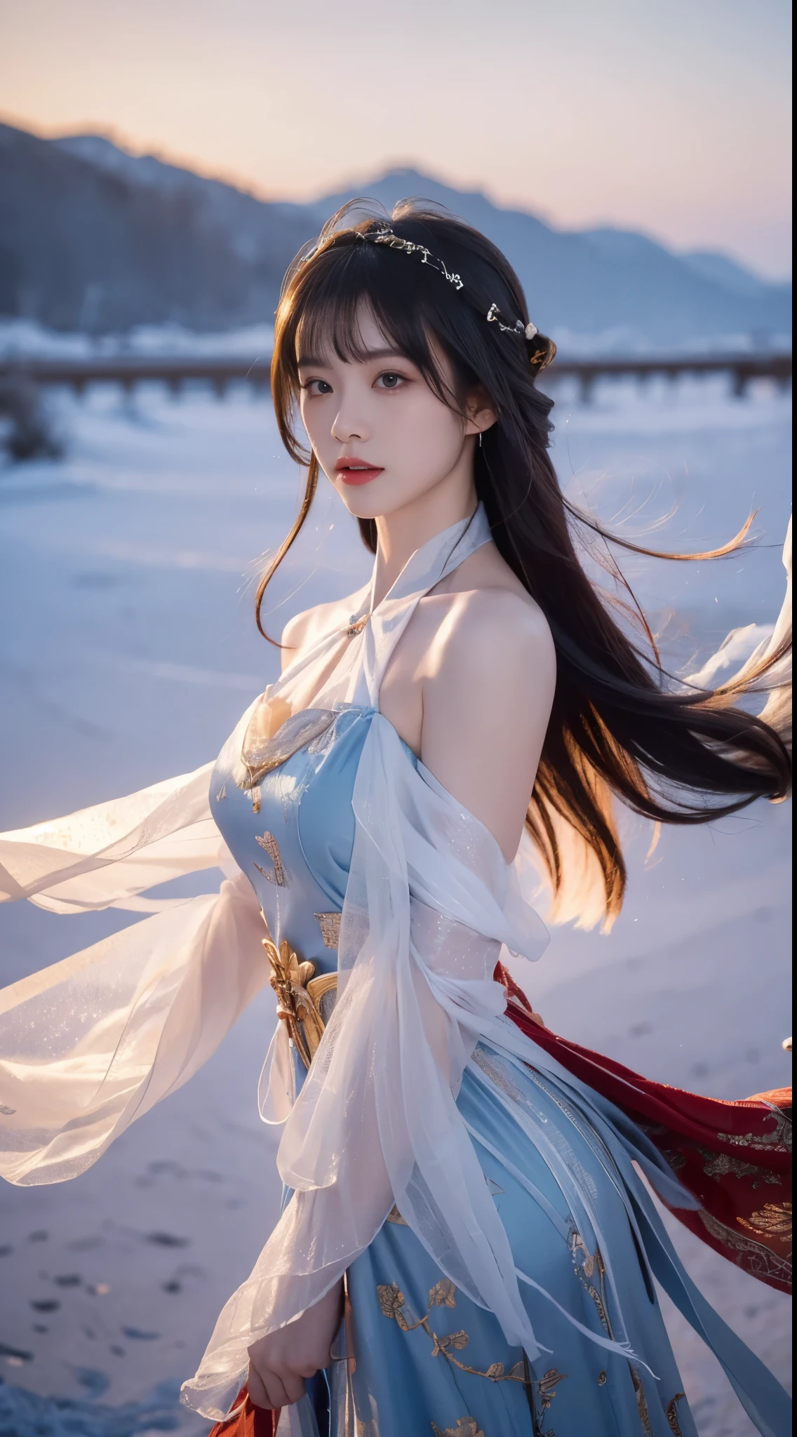 yinziping,china dress, ((cowboy shot)), realistic detailed photo of a giant breasted girl with exposed shoulders, detailed fingers, high quality skin, red eyes, alone in a winter scene with clouds, wind, and flowing hair, (best quality,4k,8k,highres,masterpiece:1.2),ultra-detailed,(realistic,photorealistic,photo-realistic:1.37),studio lighting,vivid colors