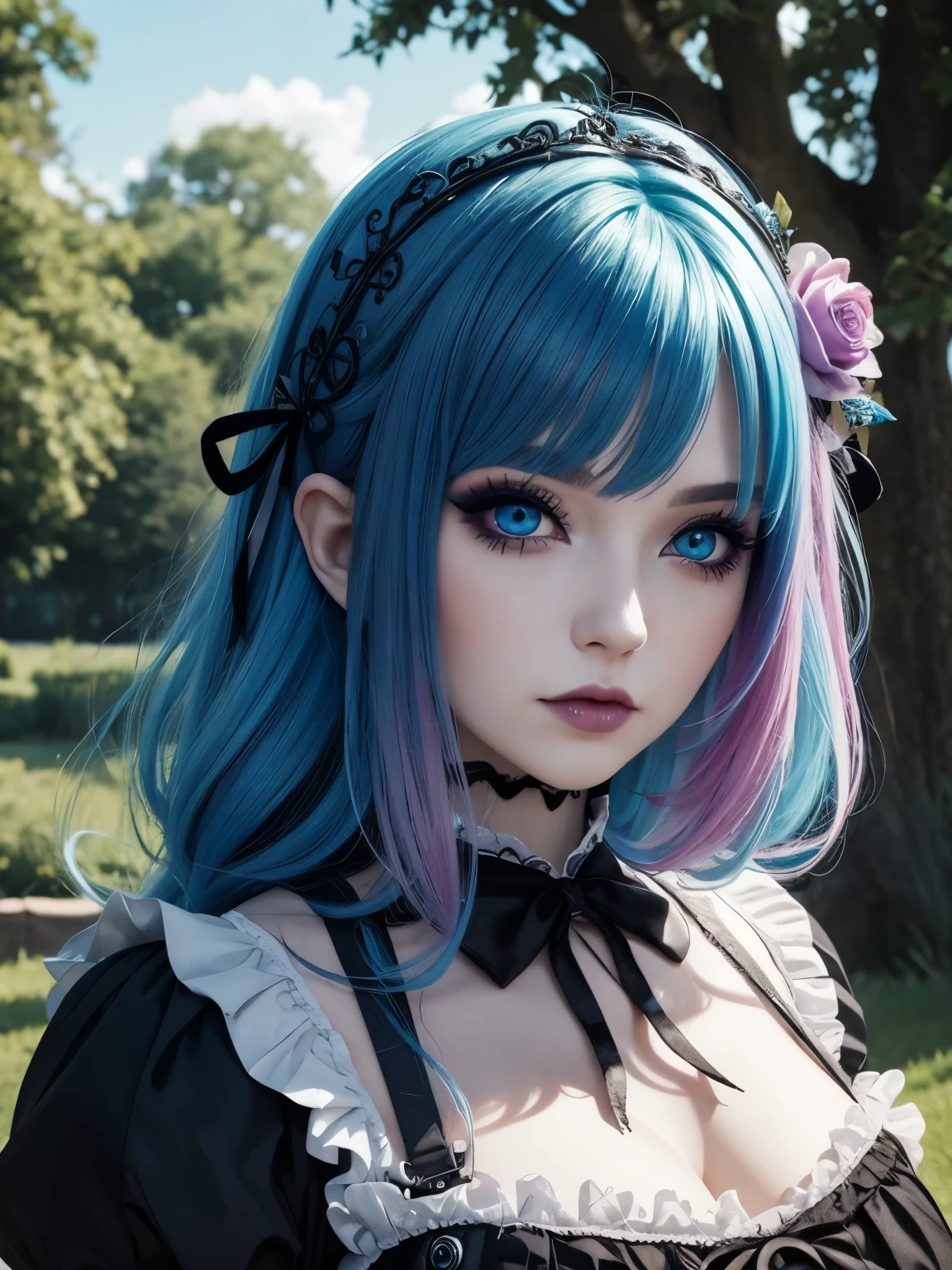 woman, mature,It has a very colorful and striking kawaii gothic style, outdoors, colored hair, pastel, masterpiece, beautiful, lush hair, gothic makeup, bright blue eyes