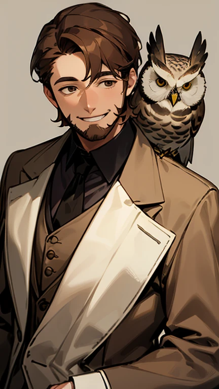 A man wearing an owl mask, brown hair, wearing a brown suit, smiling and laughing.