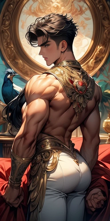 masterpiece, ((masterpiece)), Best quality, complex parts, perfect Whimsical, gentle, a little feminine face, detailed face, Highly detailed and fine figurine, ultra-realistic, detailed body, detailed pectoral muscles, ((Boy's focus)), detailed muscles, convex, (((A handsome boy, ))), athletic build, ((ideal body)), aesthetically beautiful, erotically tempting, seducing, offering himself With a beautiful sexy tango panti With round perfect buttocks, Rear view from bottom to top muscular, sweaty after a workout, In a Venetian mask with peacock and bird of paradise feathers, In White, red and gold colors, diamond chips all over the body , Watercolor, in the style of Caravaggio