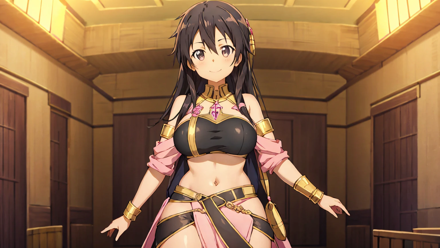 Kirito, Pink egyptian clothing, blushing smile, brown skin, long black hair, standing alone in the dance hall, Super huge big breasts breast enlargement looking at the camera