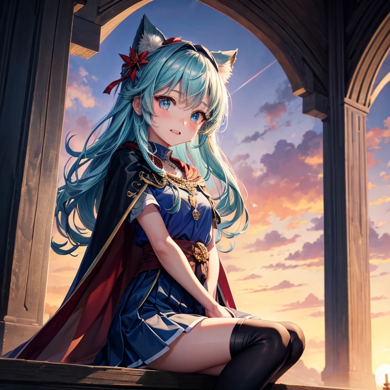 Aqua blue hair、Golden Eyes、Braiding、One beautiful girl、alone、anime、Checked mini skirt、Ruffles on skirts、Red T-shirt、Cape、Gothic、Black knee-high socks、bandana、Fluffy clothes、Wear a ribbon、Ribbon on waist、Tilt your face、Teeth are visible、Sunset sky、break through the clouds、Contrail、lotus leaves、Cumulonimbus、Pillar of Light、Candle fire、Silver coin necklace、A world of light、sit on a high wall、Put your hands together、From the sky