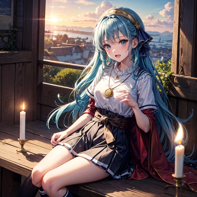 Aqua blue hair、Golden Eyes、Braiding、One beautiful girl、alone、anime、Checked mini skirt、Ruffles on skirts、Red T-shirt、Cape、Gothic、Black knee-high socks、bandana、Fluffy clothes、Wear a ribbon、Ribbon on waist、Tilt your face、Teeth are visible、Sunset sky、break through the clouds、Contrail、lotus leaves、Cumulonimbus、Pillar of Light、Candle fire、Silver coin necklace、A world of light、sit on a high wall、Put your hands together、From the sky