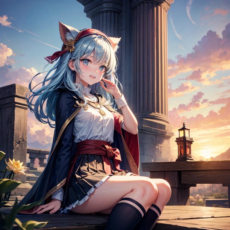 Aqua blue hair、Golden Eyes、Braiding、One beautiful girl、alone、anime、Checked mini skirt、Ruffles on skirts、Red T-shirt、Cape、Gothic、Black knee-high socks、bandana、Fluffy clothes、Wear a ribbon、Ribbon on waist、Tilt your face、Teeth are visible、Sunset sky、break through the clouds、Contrail、lotus leaves、Cumulonimbus、Pillar of Light、Candle fire、Silver coin necklace、A world of light、sit on a high wall、Put your hands together、From the sky