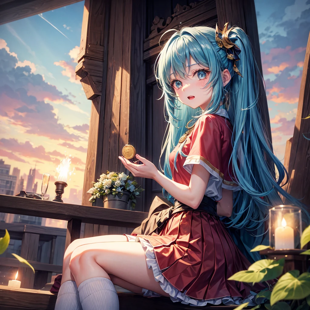 Aqua blue hair、Golden Eyes、Braiding、One beautiful girl、alone、anime、Checked mini skirt、Ruffles on skirts、Red T-shirt、Cape、Gothic、Black knee-high socks、bandana、Fluffy clothes、Wear a ribbon、Ribbon on waist、Tilt your face、Teeth are visible、Sunset sky、break through the clouds、Contrail、lotus leaves、Cumulonimbus、Pillar of Light、Candle fire、Silver coin necklace、A world of light、sit on a high wall、Put your hands together、From the sky