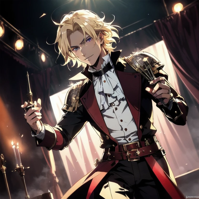 ((unreal engine, 4k high quality, trends of artstation, pixiv,soft render )) by Joseph Christian Leyendecker,aesthetics of vintage films, solo portrait, , soft shadows, dark cinematic lighting, floodlight lighting, mystical,, ((fantasy medieval setting, dnd,)) bard, Trickster, theater actor performing on stage, all attention is focused on him (dynamic shot, dynamic angle), rpg game character portrait, The blond anime man is 25 years old, (sexy male, 1man, 1boy, prince),androgenic thin body, (wearing a victorian ruffled white shirt and cravat,) ruffle collar, an artist in fantasy leather armor, Cat-like tiger ears on his head, (yellow blond hair, shoulder length wavy hair), short unruly hair ((hair tucked behind left ear, wavy forelock covers right eye)), elongated face, detailed beautiful face, (Black sclera, red irises). sly charming smile, raised eyebrows, a relaxed , flirty, kind, curtsy, Glitter particles, purple-red-brown shades, mucha art deco, (Schrodinger from Hellsing :1) Abstract background with circus and theatrical motifs, heater stage and curtain on the background,