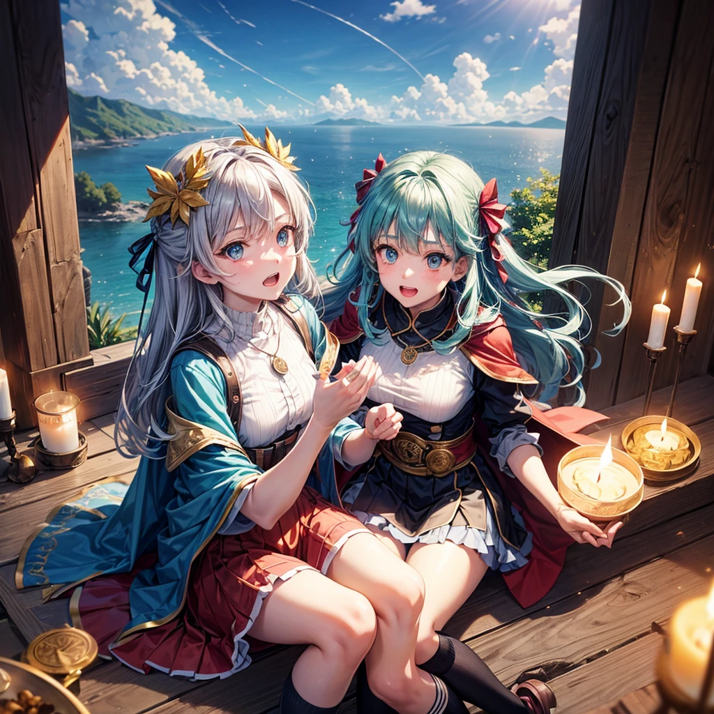 Aqua blue hair、Golden Eyes、Braiding、One beautiful girl、alone、anime、Checked mini skirt、Ruffles on skirts、Red T-shirt、Cape、Gothic、Black knee-high socks、bandana、Fluffy clothes、Wear a ribbon、Ribbon on waist、Tilt your face、Teeth are visible、Sunset sky、break through the clouds、Contrail、lotus leaves、Cumulonimbus、Pillar of Light、Candle fire、Silver coin necklace、A world of light、sit on a high wall、Put your hands together、From the sky、From above